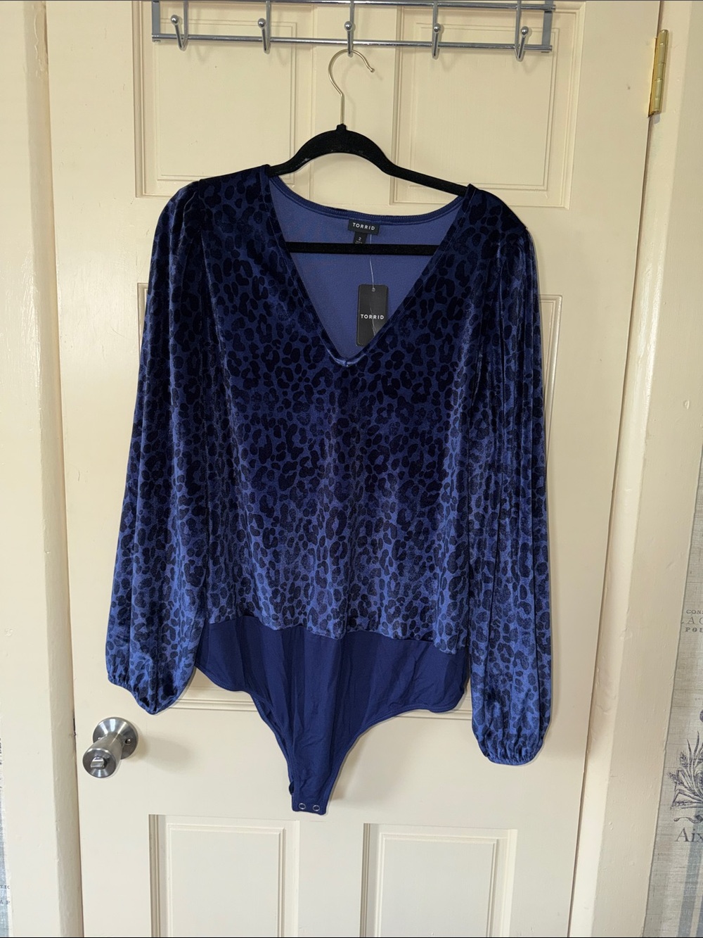 Torrid Navy Velvet Animal Print V-Neck Long Sleeve Bodysuit
